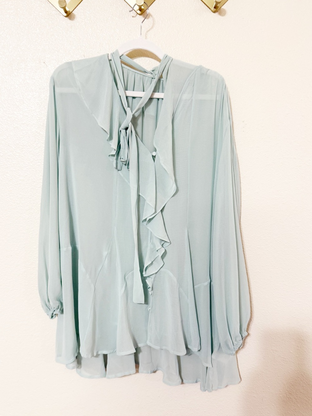 Free People Mint Green Dreamland Ruffle Sheer Solid Tie Sash Tunic Top Small - Picture 6 of 8